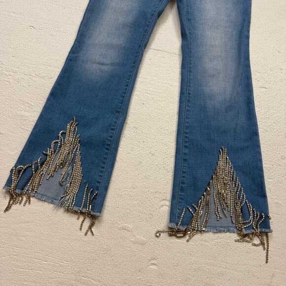 Rhinestone Fringe High Rise Flare Jeans Small Stretch Denim Blue - Picture 3 of 6